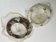 Vintage Lot of 2 Open Top Pillbox Hats with Veil White Flowers Brown Patterned