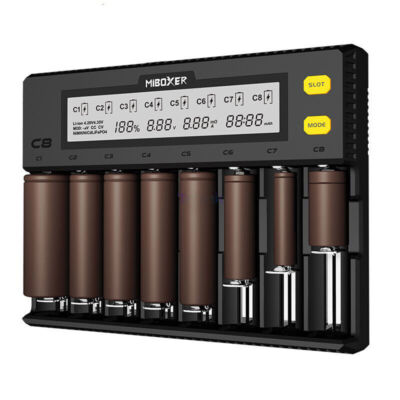 MiBOXER 8-Slot Smart LCD Display Battery Charger for 14500 18650 26650 AAA AA