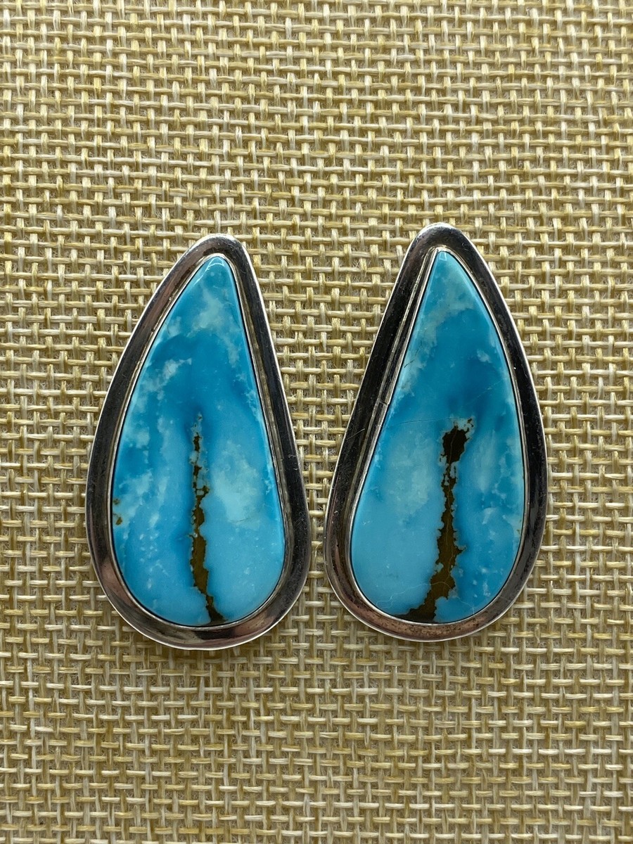 Huge Vintage Navajo Blue Thunder Turquoise Native American Jewelry Silver Earrings Huge Vintage Navajo Blue Thunder Turquoise Native American Jewelry Silver Earrings
