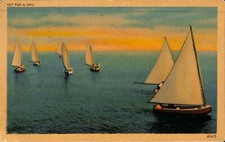 OFF FOR A SAIL USA Made Posted Linen Postcard 1943 Sail Boats Ocean