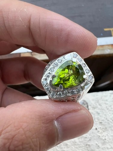 Natural Peridot Gemstone 14k White Gold Ring For Men's #0534 - Picture 4 of 7