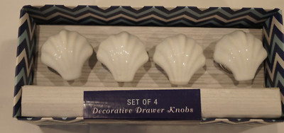 Set of 4 Home Essentials White Ceramic Seashell Decorative Drawer Pull Knobs