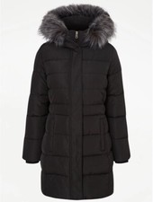 Black Faux Fur Hooded Longline Padded Coat Uk Size Large