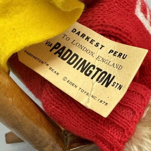 1975 Paddington Bär Plüsch Eden Toys Vintage mit Schaukelstuhl roter Pullover gelber Hut - Bild 13 von 17
