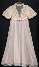 Beauty Vintage White Lace Ruffle Pink Sheer Nylon Robe Peignoir - Calif- Medium