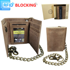 Mens Genuine Leather Motorcycle Trifold Biker Brown Wallet Brass Chain