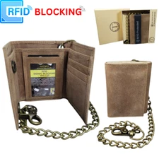 Mens Genuine Leather Motorcycle Trifold Biker Brown Wallet Brass Chain