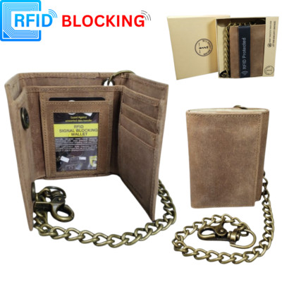 Mens Genuine Leather Motorcycle Trifold Biker Brown Wallet Brass Chain