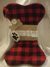 DOG BONE PAWS CHRISTMAS PET  STOCKING BLACK/RED PLAID 16"