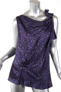 DAVID-SZETO-Womens-Black-Purple-Lepoard-Print-Draped-Bow-Sleeveless-Blouse-Top-M