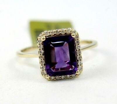 Natürlicher Smaragdschliff lila Amethyst & Diamant Heiligenschein Ring 14k Gelbgold 2,38ct
