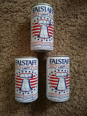 3 VINTAGE Falstaff FINE LIGHT EMPTY Beer Cans  - LIBERTY BELL - FORGED STEEL -