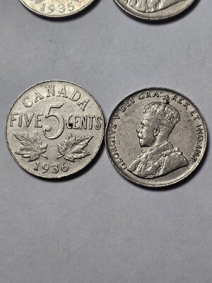 ONE (1) X 1936 CANADA 5 CENTS NICKEL KING GEORGE V F 5 Cents