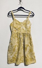 Tahari Dress Womens 2 Garden Floral Fit Flare Smocked Mustard Yellow Linen Boho