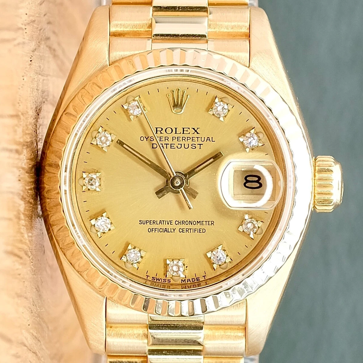 ROLEX DATEJUST 18K YELLOW GOLD CHAMPAGNE DIAMOND DIAL PRESIDENT BAND WATCH  69178