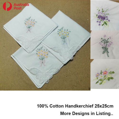 New 100% Cotton Women's White Handkerchief Soft Hanky Embroidered Floral Gift - Picture 1 of 20