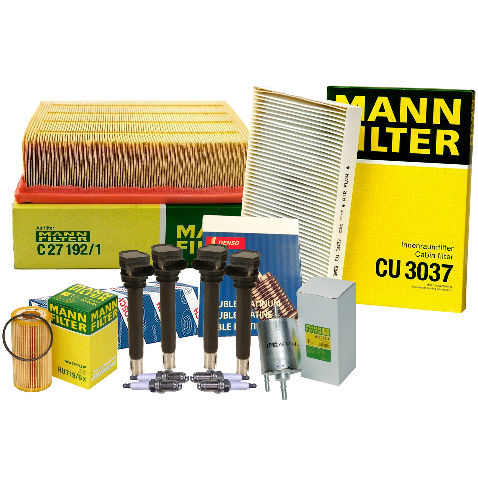 Mann Filters Bosch 4 Coil Denso 4 Double Platinum Spark Plug TuneUp Kit For Audi