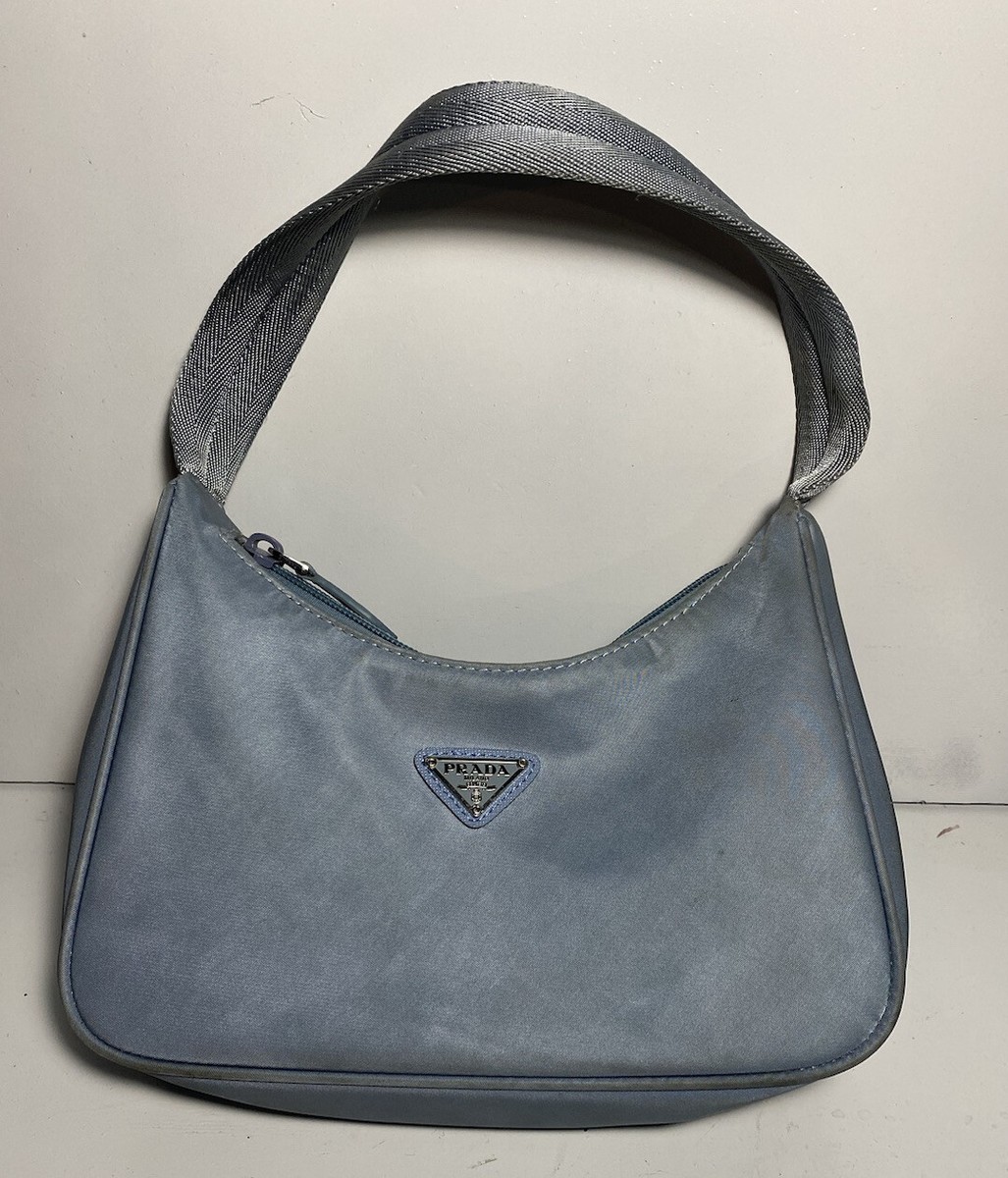 PRADA Logo Nylon Canvas Hand Bag Pouch Purse Light Blue PRADA Logo Nylon Canvas Hand Bag Pouch Purse Light Blue