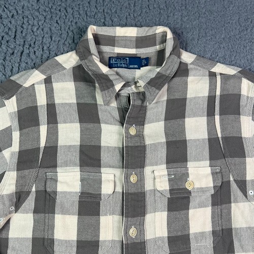 VINTAGE Polo Ralph Lauren Shirt Mens Large Cream Brown Plaid Flannel Button - 第 1/12 張圖片