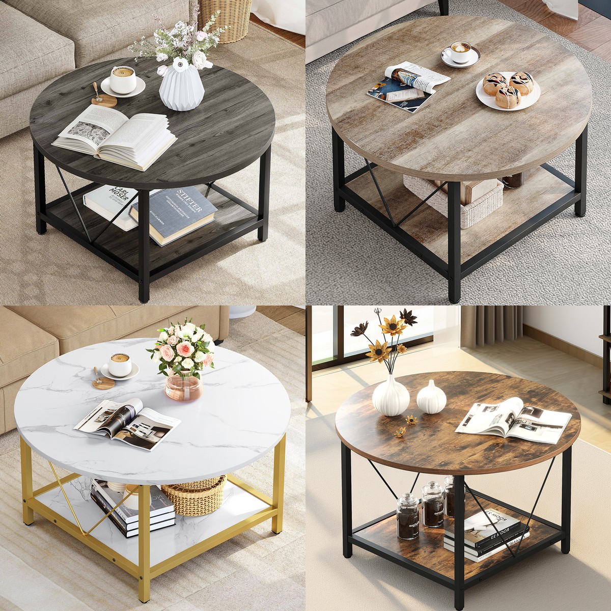 Round Coffee Table Center Coffee with Storage Shelf For Living Room Home  Office