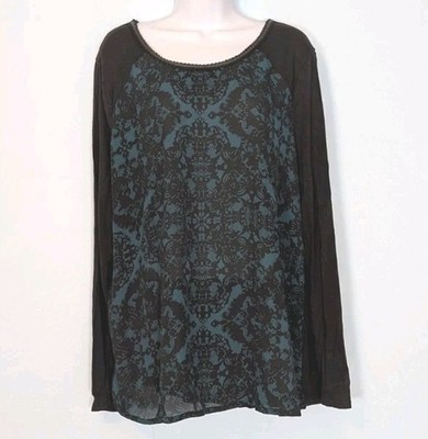 Maurices Sheer Front Top Women's 2X Green & Black Long Sleeves Neckline Detail