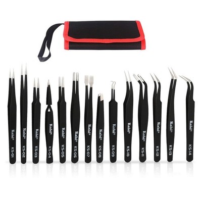 Kaisi 14 PCS Precision Tweezers Set, ESD Tweezer Anti-Static Black 