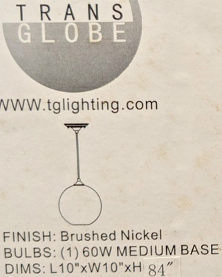TRANS GLOBE LIGHTING 1-LIGHT HANGING PENDANT BRUSHED NICKEL CLEAR GLASS 60W