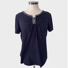 Talbots Medium Navy Blue Short Sleeve Detailed Neckline TShirt 100% Cotton