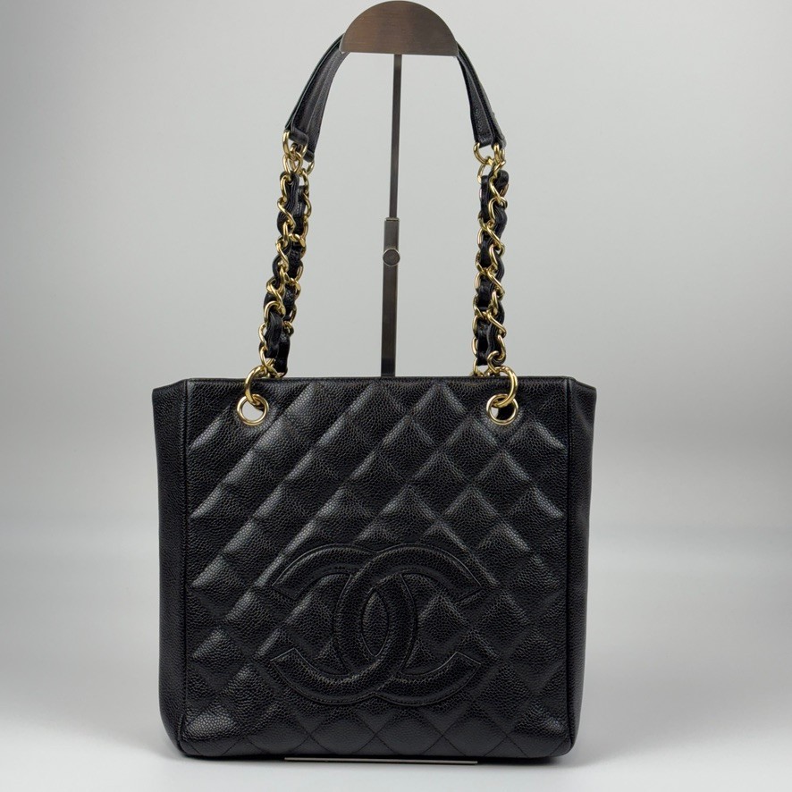 Auth CHANEL Petite Shopping Tote Quilted Caviar Leather Chain Bag 2004-2005 A011
