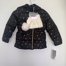 Kensie Girl Girls Hooded Puffer Jacket Full Zip Pockets Bow Print Black Gold 5/6
