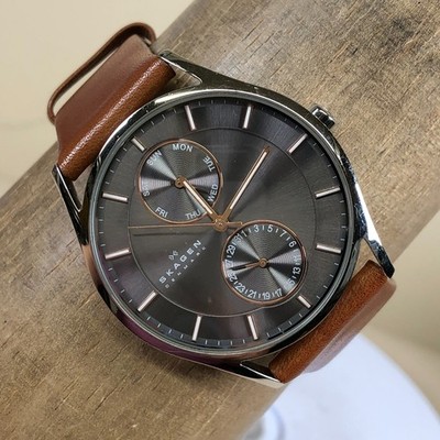 Skagen Holst Men Fashion Day Date Brown Leather Quartz Analog 32mm Watch 7 3/4''