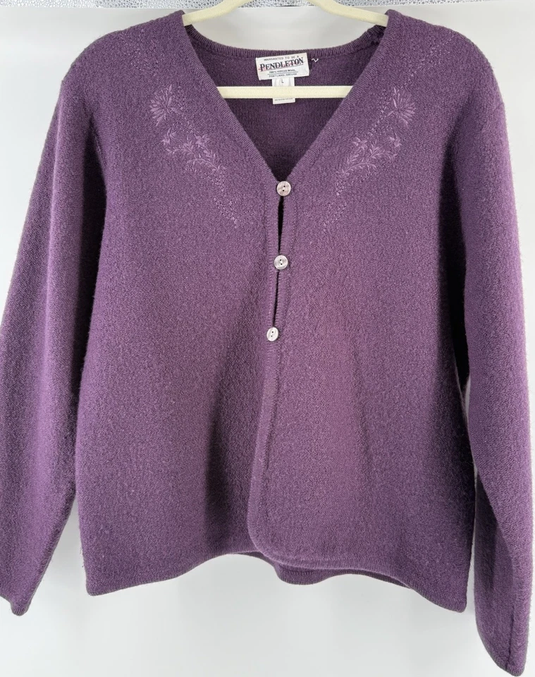 De Colección PENDLETON Suéter Mujer Mediano Púrpura Cárdigan Lana Abuela Cottage Fisher Foto 2 de 4