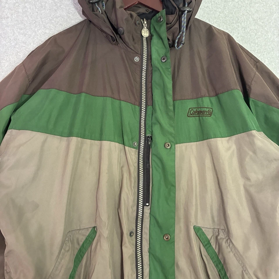 Vintage Coleman Colorblock Hooded Winter Jacket Brown Green XL Zip Pockets - Image 4 of 4