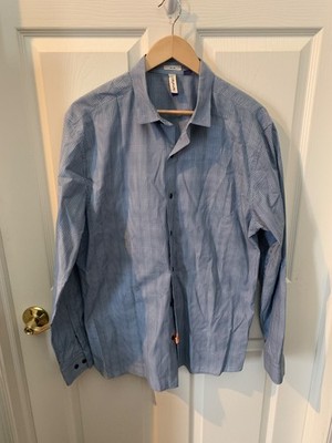 Artefact Men L Slim Fit Button Down Shirt Blue White Gingham Plaid Stretch Cotto