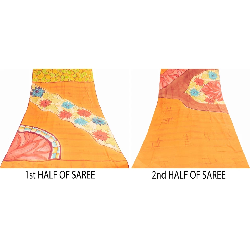 Sanskriti Vintage Sarees Mustard Pure Crepe Silk Printed Sari 5+Yd Craft Fabric - Image 4 of 4