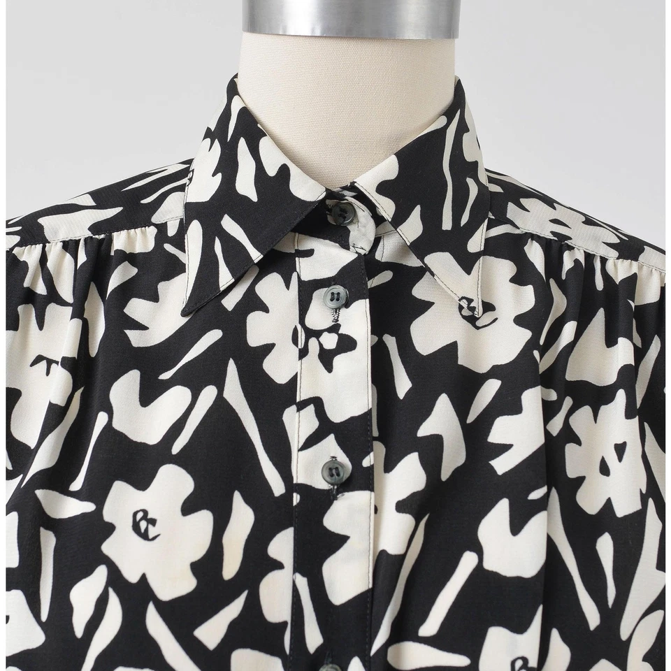 Vintage 80s Black White Floral Blouse Collared Button Down Nipped Waist Top S M - Image 4 of 4
