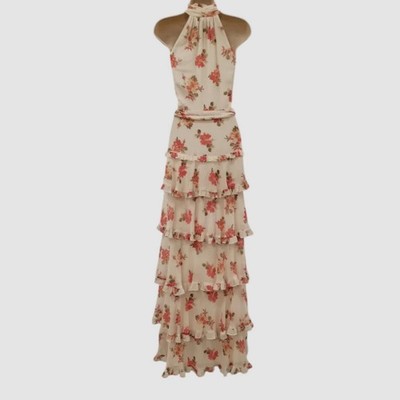 slim fit dress slacks RALPH LAUREN Size 8 Blue White Silk Floral Halter Long Dress – Sui Generis  Designer Consignment main image 0