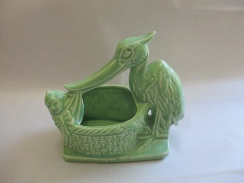 Vintage McCoy 7" Stork w/Baby Planter - Green