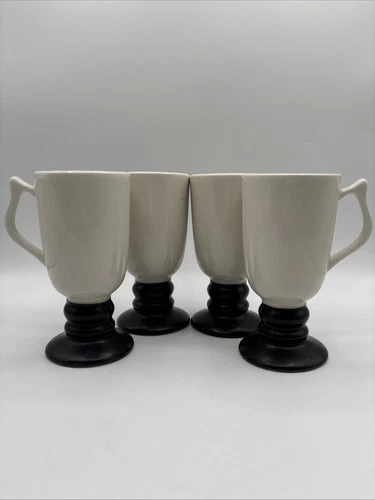 4 Hall Coffee Mugs Cups White/BLACK USA #1272 Pedestal Footed Irish Tall Vintage