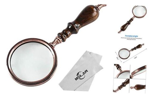 Magnifying Glass,10X Antique Copper Handheld with Wooden Handle and Real