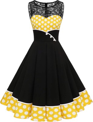 Bbonlinedress Damen Cocktailkleid Rockabilly Spitzenkleid, 50er Retro Ärmellos