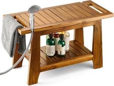 28" Teak Shower Bench Wooden Waterproof Stool With Storage Shelf For Bathroom