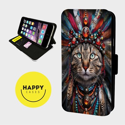 INDIANER KATZE KOPFSCHMUCK - Kunstleder Klapp Handy Hülle Cover - iPhone/Samsung