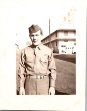 Vtg Photo WW2 US Army Soldier Service Uniform Camp Base 1940s Outdoors Military