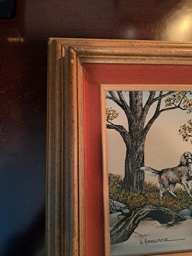 H. Hargrove Oil Painting Dog And Ducks With Wood Frame - Picture 4 of 10