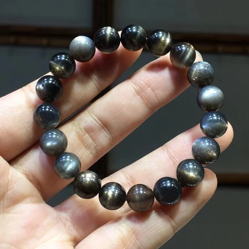 9.5mm Genuine Natural Black Sunstone Crystal Beads Bracelet AAAA