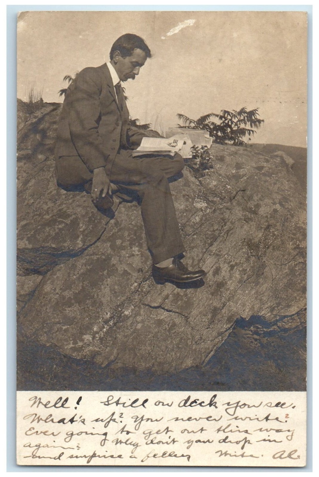 1908 Man Reading Magazine North Grosvenordale Connecticut CT RPPC Photo