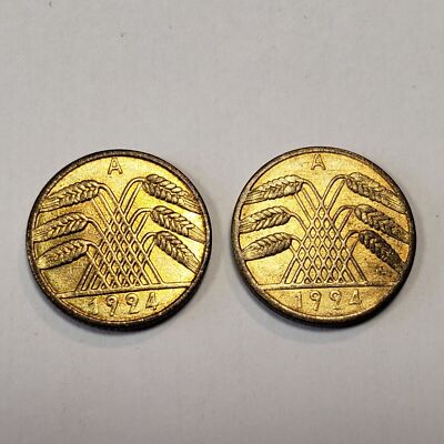 2 Coin Set 1924-A Germany Weimar Republic 10 Rentenpfennig - SKU-F7968