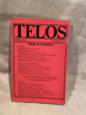Telos Quarterly: Sociology Magazine No. 60 Summer 1984 Marxist socialist rare