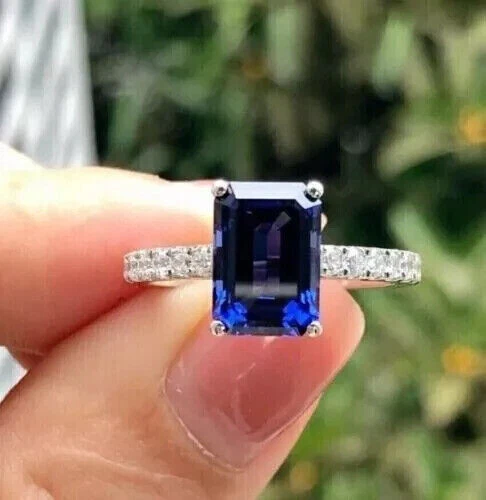 2Ct Emerald Cut Lab-Created Blue Sapphire Engagement Ring 14K White Gold Plated